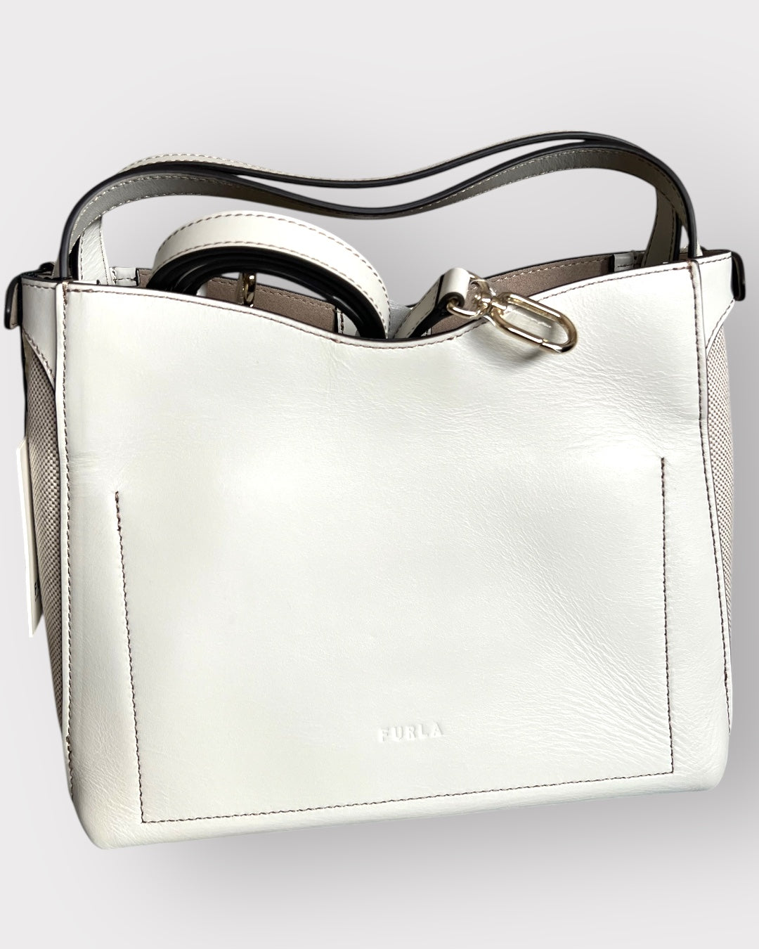 Geantă Furla Genesi M Tote – Tessuto Canvas + Vitello ROM Talco (Crem din Piele Naturală și Canvas)