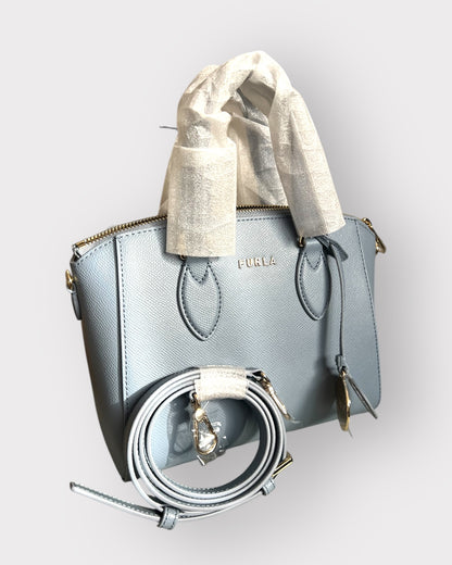 Geantă Furla Linda Mini Dome – Vitello Saffiano UNI Astral Blue (Piele Naturală Albastru Deschis)