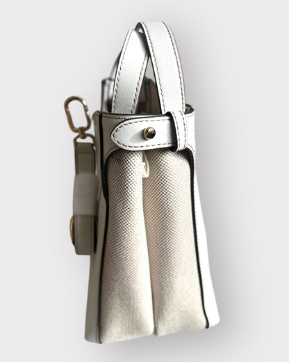 Geantă Furla Genesi M Tote – Tessuto Canvas + Vitello ROM Talco (Crem din Piele Naturală și Canvas)