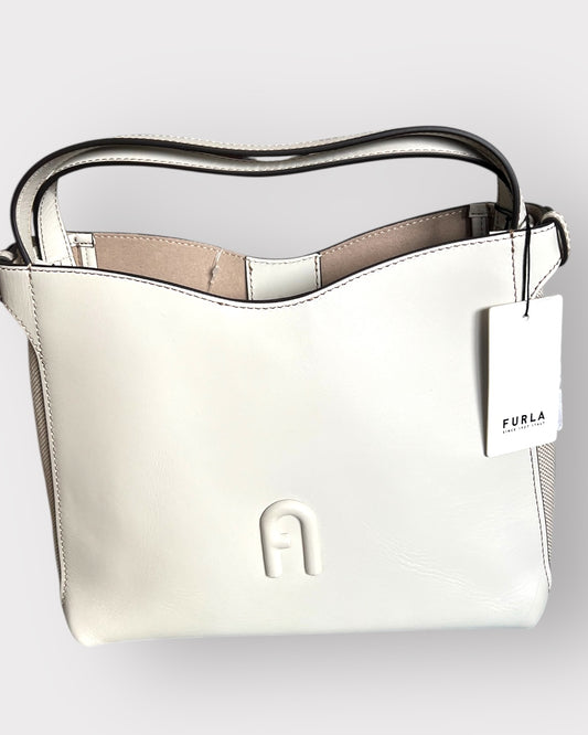 Geantă Furla Genesi M Tote – Tessuto Canvas + Vitello ROM Talco (Crem din Piele Naturală și Canvas)