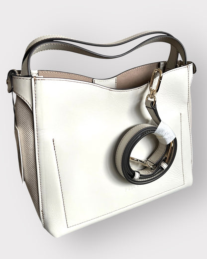 Geantă Furla Genesi M Tote – Tessuto Canvas + Vitello ROM Talco (Crem din Piele Naturală și Canvas)