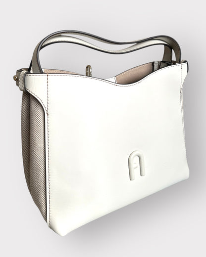 Geantă Furla Genesi M Tote – Tessuto Canvas + Vitello ROM Talco (Crem din Piele Naturală și Canvas)