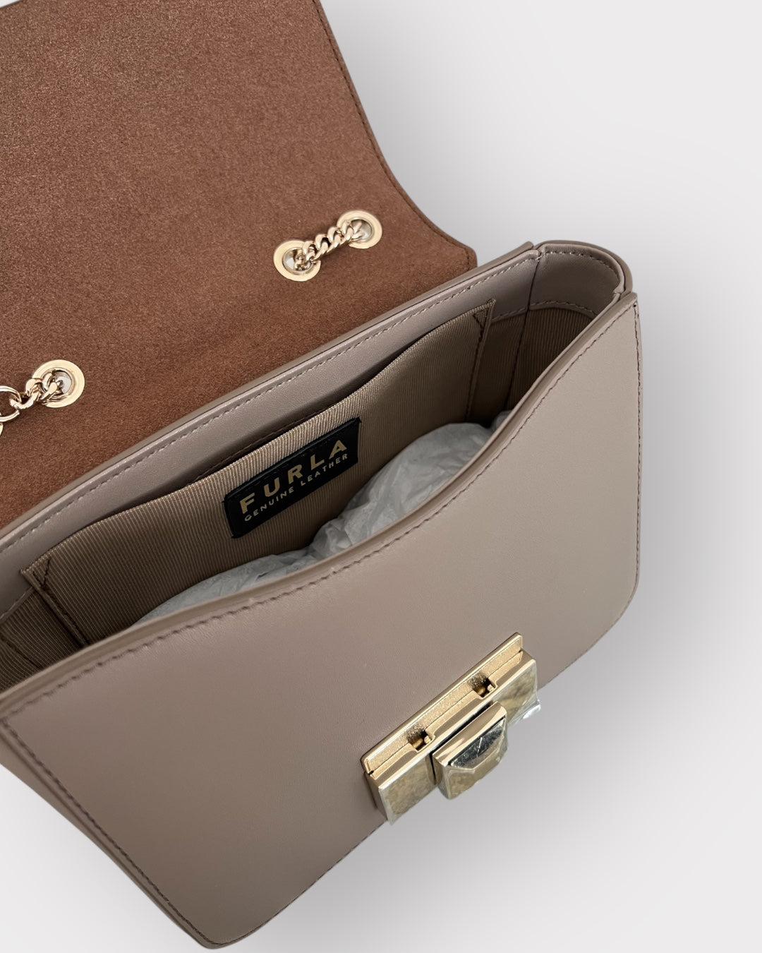 Geantă Furla Metropolis Mini Crossbody – Piele Naturală Taupe